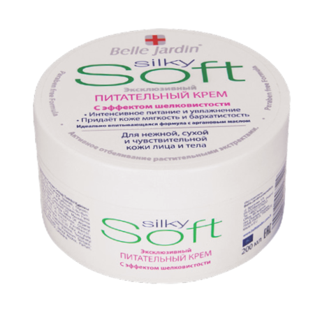 SOFT maitinamasis kremas su šilku ir argano aliejumi jautriai bei sausai veido ir kūno odai 200 ml "Belle Jardin"