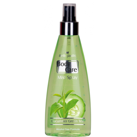 Drėkinamasis parfumuotas kūno purškiklis be spirito su agurkais ir žaliąja arbata 180 ml "Belle Jardin"